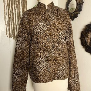 ColdWater Creek silk quilted jacket brown black leopard print button up size S
